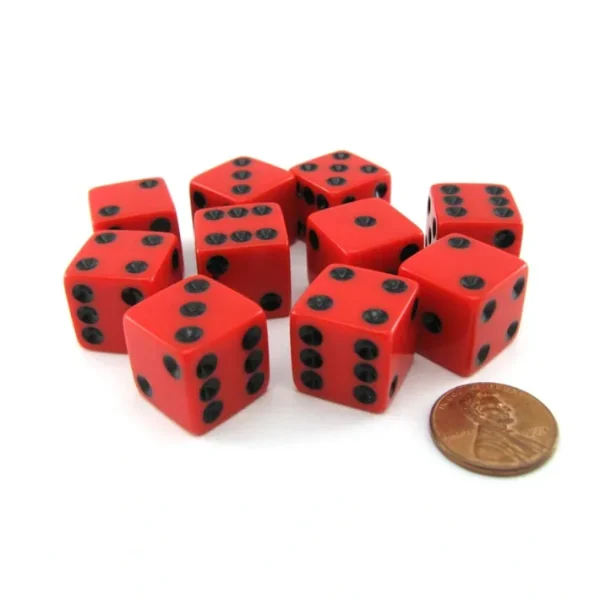 Set of 10 Six Sided Square Opaque 16mm D6 Dice - Red with Black Pip Die - Your Source for Gaming Essentials Sale