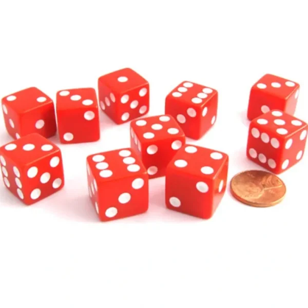 Set of 10 Six Sided Square Opaque 16mm D6 Dice - Red with White Pip Die - Your Source for Gaming Essentials Cheap
