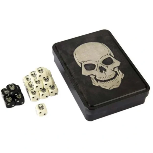 Set of 20 Six-Sided Skull Dice in Tin Case - 15 Ivory Dice, 5 Black Dice - Your Source for Gaming Essentials Store