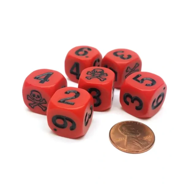 Set of 6 Skull and Crossbones 16mm Numerical Dice - Red with Black Pips - Your Source for Gaming Essentials Sale