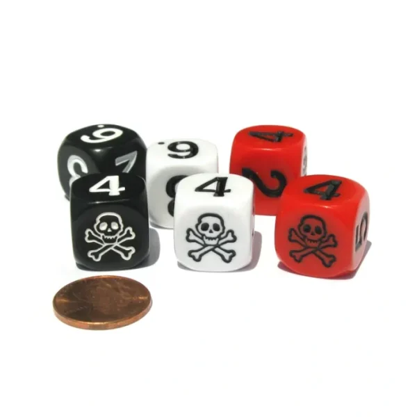 Set of 6 Skull and Crossbones 16mm Numerical Dice- 2 Each of Black Red and White - Your Source for Gaming Essentials Sale