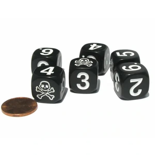 Set of 6 Skull and Crossbones 16mm Numerical Dice - Black with White Pips - Your Source for Gaming Essentials Flash Sale