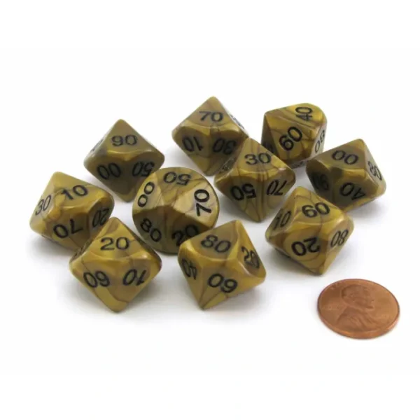Set of 10 Tens D10 (00-90) Olympic Pearlized Dice - Gold with Black Numbers - Your Source for Gaming Essentials Store