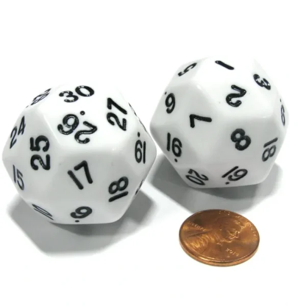 Set of 2 Triantakohedron D30 30 Sided 33mm Jumbo Dice - White w Black Numbers - Your Source for Gaming Essentials Discount