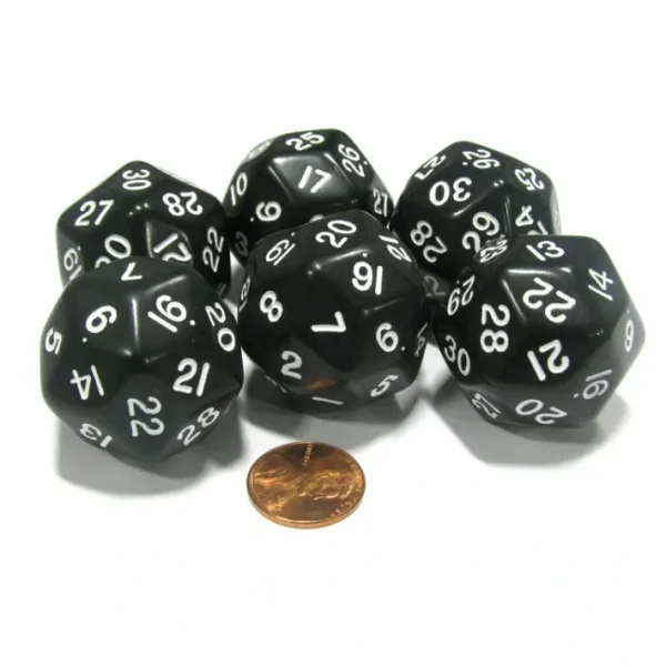 Set of 6 Triantakohedron D30 30 Sided 33mm Jumbo Dice - Black w White Numbers - Your Source for Gaming Essentials Online