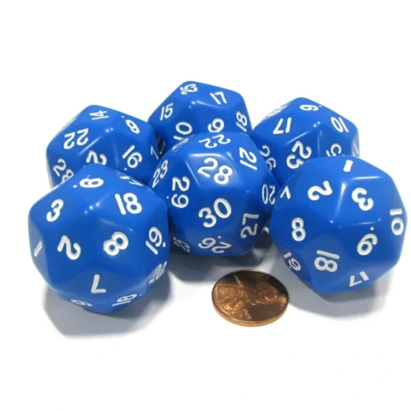 Set of 6 Triantakohedron D30 30 Sided 33mm Jumbo Dice - Blue w White Numbers - Your Source for Gaming Essentials Discount