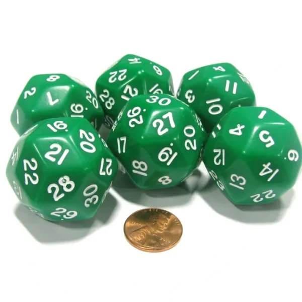 Set of 6 Triantakohedron D30 30 Sided 33mm Jumbo Dice - Green w White Numbers - Your Source for Gaming Essentials Hot