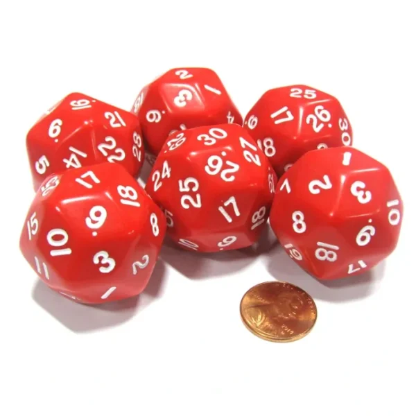Set of 6 Triantakohedron D30 30 Sided 33mm Jumbo Dice - Red w White Numbers - Your Source for Gaming Essentials New