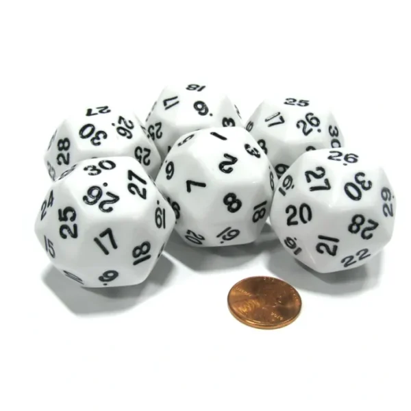 Set of 6 Triantakohedron D30 30 Sided 33mm Jumbo Dice - White w Black Numbers - Your Source for Gaming Essentials Store