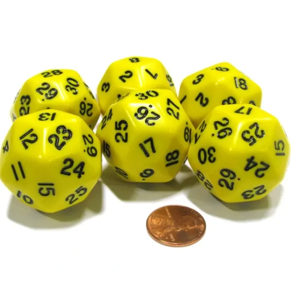Set of 6 Triantakohedron D30 30 Sided 33mm Jumbo Dice - Yellow w Black Numbers - Your Source for Gaming Essentials Discount