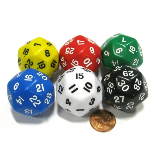 Set of 6 Triantakohedron D30 33mm Jumbo Dice - Yellow Red Green Blue White Black - Your Source for Gaming Essentials Best Sale