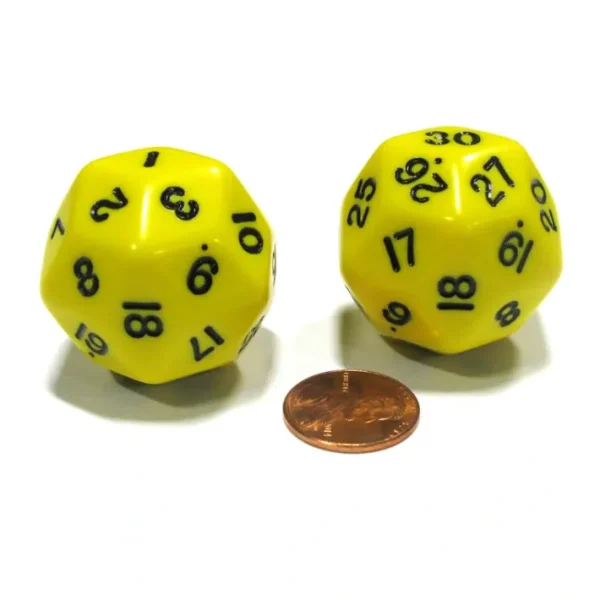 Set of 2 Triantakohedron D30 30 Sided 33mm Jumbo Dice - Yellow w Black Numbers - Your Source for Gaming Essentials Outlet