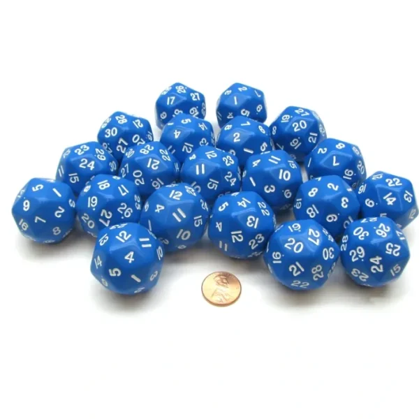 Set of 20 Triantakohedron D30 30 Sided 33mm Jumbo Dice - Blue w White Numbers - Your Source for Gaming Essentials Online