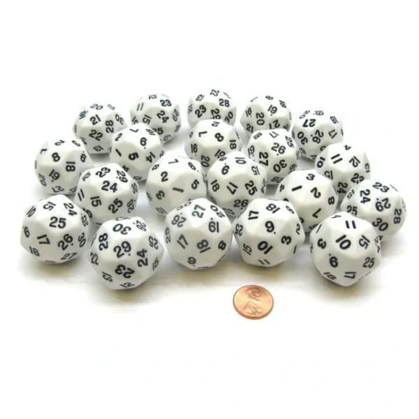 Set of 20 Triantakohedron D30 30 Sided 33mm Jumbo Dice - White w Black Numbers - Your Source for Gaming Essentials Store