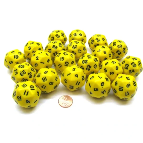 Set of 20 Triantakohedron D30 30 Sided 33mm Jumbo Dice - Yellow w Black Numbers - Your Source for Gaming Essentials Shop