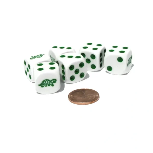 Set of 6 Turtle 16mm D6 Round Edged Animal Dice - White with Green Pips - Your Source for Gaming Essentials Clearance