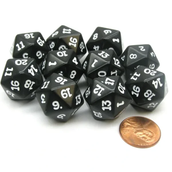 Set of 10 Twenty Sided 19mm D20 Opaque RPG Dice - Black with White Numbers Die - Your Source for Gaming Essentials Online