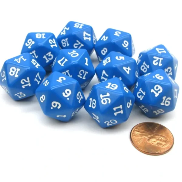 Set of 10 Twenty Sided 19mm D20 Opaque RPG Dice - Blue with White Numbers Die - Your Source for Gaming Essentials Cheap