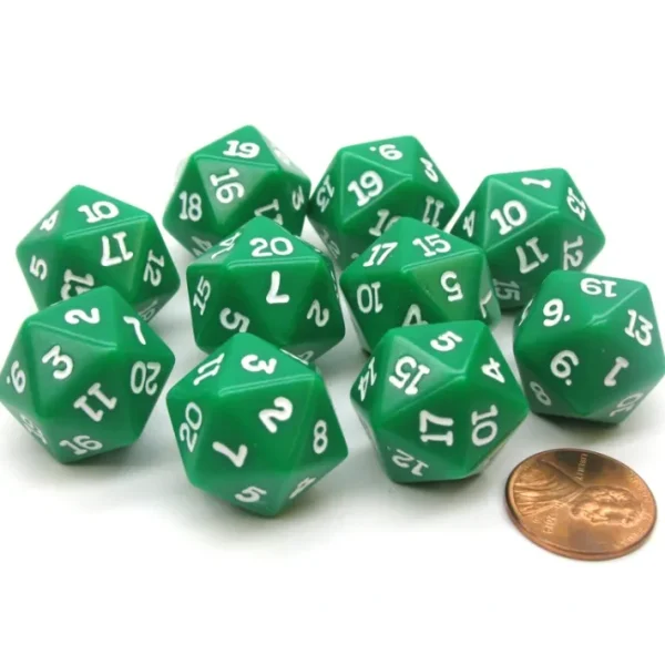 Set of 10 Twenty Sided 19mm D20 Opaque RPG Dice - Green with White Numbers Die - Your Source for Gaming Essentials New