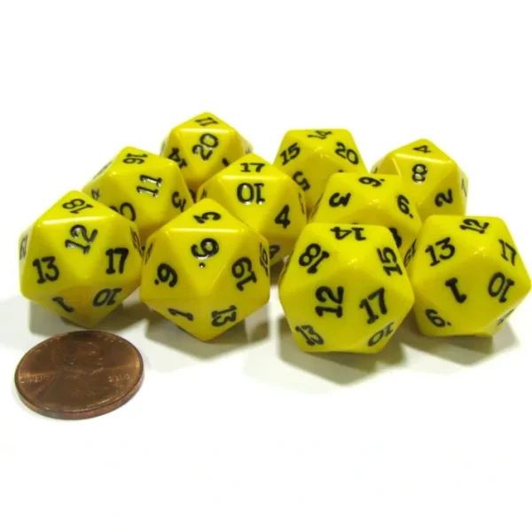 Set of 10 Twenty Sided 19mm D20 Opaque RPG Dice - Yellow with Black Numbers Die - Your Source for Gaming Essentials New