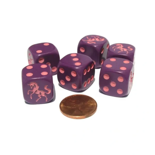 Set of 6 Unicorn 16mm D6 Round Edge Animal Dice - Purple with Pink Pips - Your Source for Gaming Essentials Sale