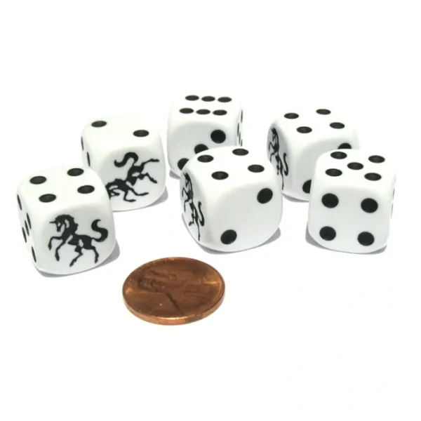 Set of 6 Unicorn 16mm D6 Round Edge Animal Dice - White with Black Pips - Your Source for Gaming Essentials Discount