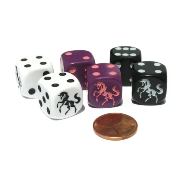 Set of 6 Unicorn 16mm D6 Round Edge Dice - 2 Each of Black, Purple, and White - Your Source for Gaming Essentials Best