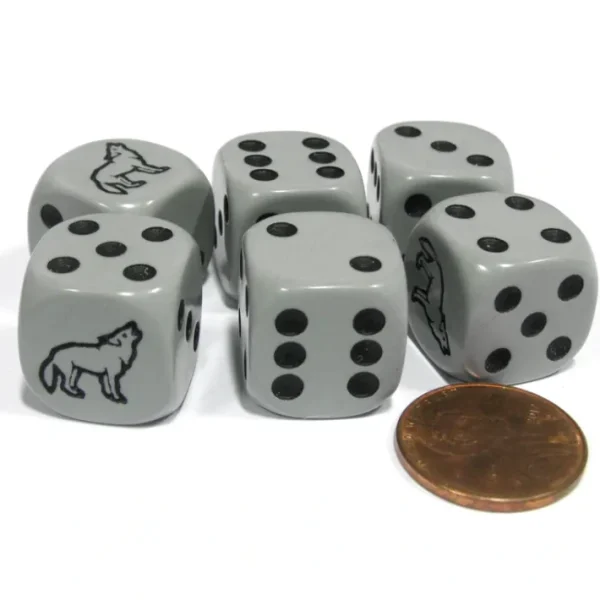 Set of 6 Wolf 16mm D6 Round Edged Animal Dice - Gray with Black Pips - Your Source for Gaming Essentials Outlet