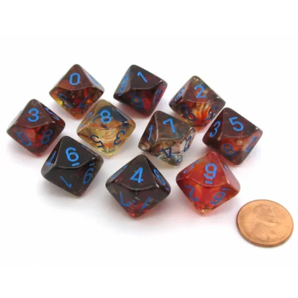 Set of Ten D10s Nebula Dice Set with Luminary - Primary with Blue Numbers - Your Source for Gaming Essentials Store