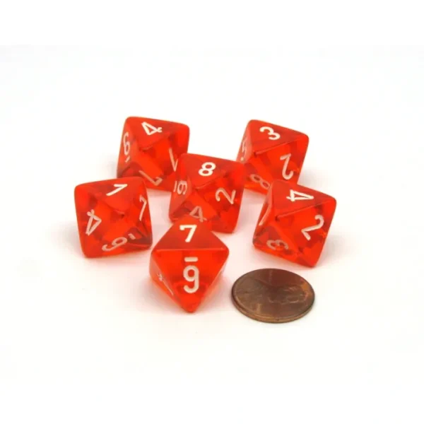 Translucent 15mm 8 Sided D8 Chessex Dice, 6 Pieces - Orange with White Numbers - Your Source for Gaming Essentials Fashion