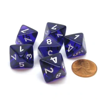 Translucent 15mm 8 Sided D8 Chessex Dice, 6 Pieces - Purple with White - Your Source for Gaming Essentials Shop