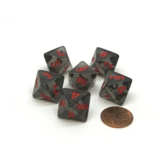 Translucent 15mm 8 Sided D8 Chessex Dice, 6 Pieces - Smoke with Red Numbers - Your Source for Gaming Essentials Store