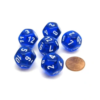 Translucent 18mm 12 Sided D12 Chessex Dice, 6 Pieces - Blue with White - Your Source for Gaming Essentials Online