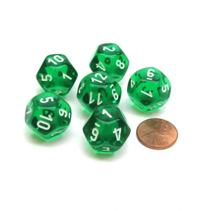 Translucent 18mm 12 Sided D12 Chessex Dice, 6 Pieces - Green with White - Your Source for Gaming Essentials Cheap