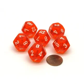 Translucent 18mm 12 Sided D12 Chessex Dice, 6 Pieces - Orange with White Numbers - Your Source for Gaming Essentials New