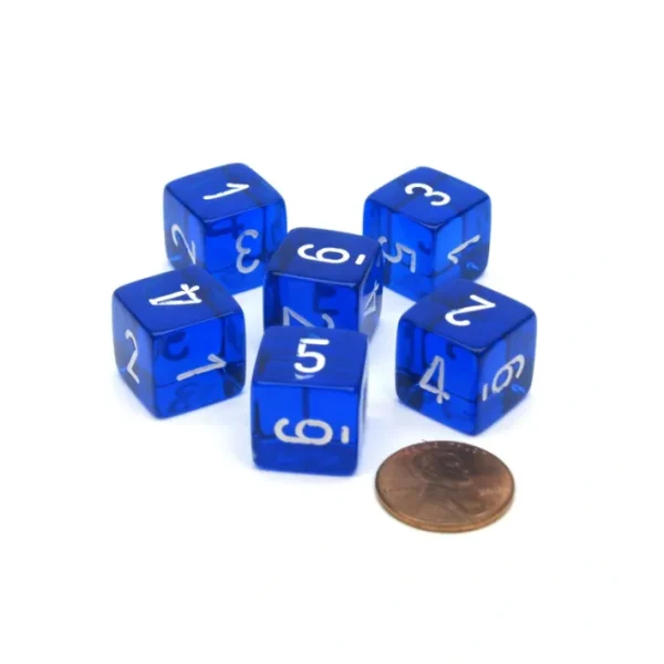 Translucent 15mm 6 Sided D6 Chessex Dice, 6 Pieces - Blue with White Numbers - Your Source for Gaming Essentials Discount