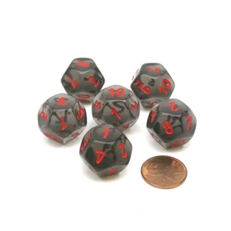Translucent 18mm 12 Sided D12 Chessex Dice, 6 Pieces - Smoke with Red Numbers - Your Source for Gaming Essentials Cheap