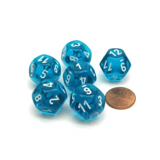Translucent 18mm 12 Sided D12 Chessex Dice, 6 Pieces - Teal with White - Your Source for Gaming Essentials Sale