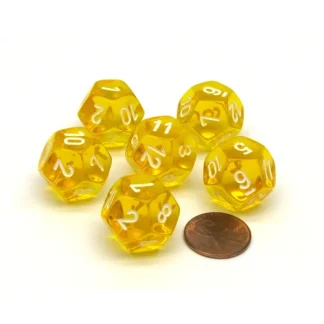 Translucent 18mm 12 Sided D12 Chessex Dice, 6 Pieces - Yellow with White Numbers - Your Source for Gaming Essentials Hot
