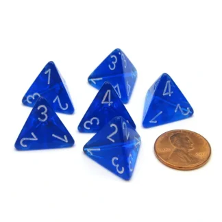 Translucent 18mm 4 Sided D4 Chessex Dice, 6 Pieces - Blue with White - Your Source for Gaming Essentials Online