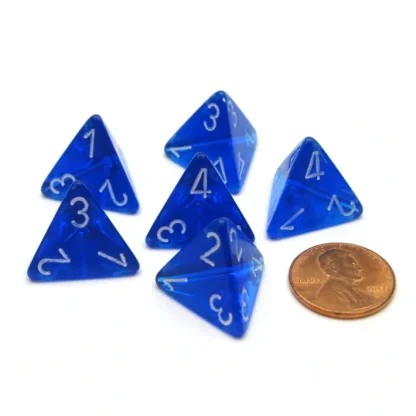 Translucent 18mm 4 Sided D4 Chessex Dice, 6 Pieces - Blue with White - Your Source for Gaming Essentials Online