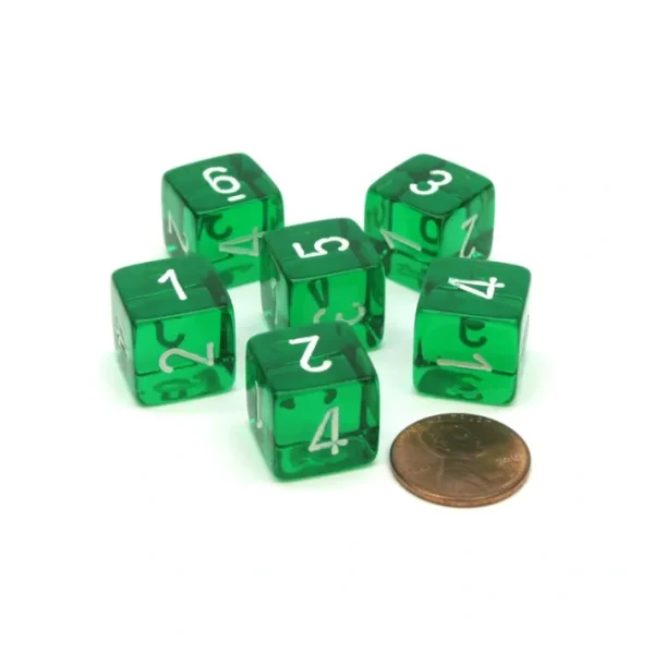 Translucent 15mm 6 Sided D6 Chessex Dice, 6 Pieces - Green with White Numbers - Your Source for Gaming Essentials Hot