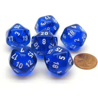 Translucent 20mm 20 Sided D20 Chessex Dice, 6 Pieces - Blue with White Numbers - Your Source for Gaming Essentials Clearance