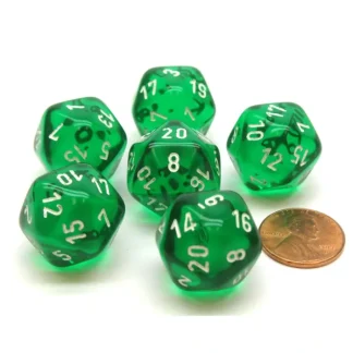 Translucent 20mm 20 Sided D20 Chessex Dice, 6 Pieces - Green with White Numbers - Your Source for Gaming Essentials Cheap