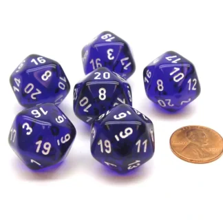 Translucent 20mm 20 Sided D20 Chessex Dice, 6 Pieces - Purple with White Numbers - Your Source for Gaming Essentials Hot