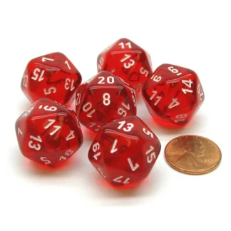 Translucent 20mm 20 Sided D20 Chessex Dice, 6 Pieces - Red with White Numbers - Your Source for Gaming Essentials Best