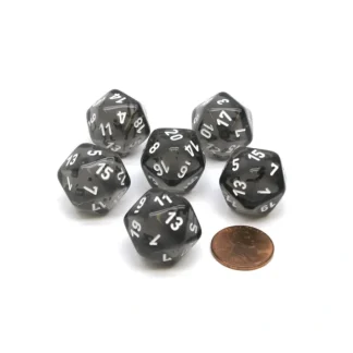 Translucent 20mm 20 Sided D20 Chessex Dice, 6 Pieces - Smoke with White Numbers - Your Source for Gaming Essentials Cheap