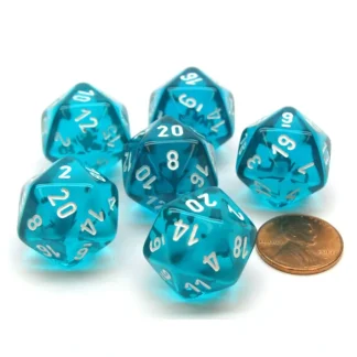 Translucent 20mm 20 Sided D20 Chessex Dice, 6 Pieces - Teal with White Numbers - Your Source for Gaming Essentials Store