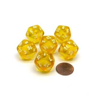 Translucent 20mm 20 Sided D20 Chessex Dice, 6 Pieces - Yellow with White Numbers - Your Source for Gaming Essentials Discount