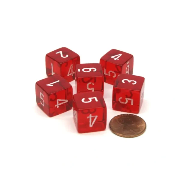 Translucent 15mm 6 Sided D6 Chessex Dice, 6 Pieces - Red with White Numbers - Your Source for Gaming Essentials Outlet